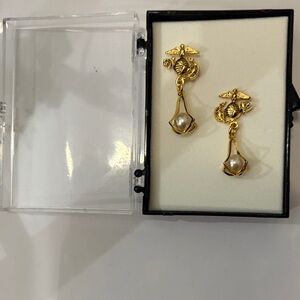 US Marines Gold tone and Pearl Drop Earrings